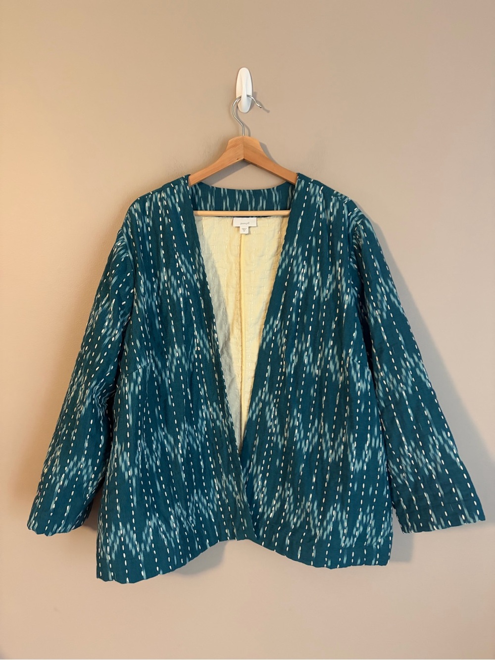 J. Jill Kantha Stitched Ikat Open Front Knit Kimono Jacket Women's 2X teal Boho